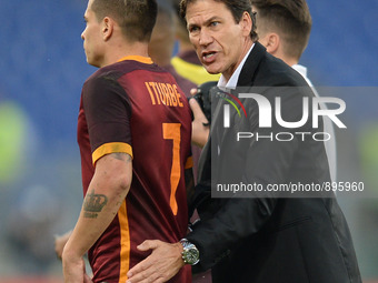 Rudi Garcia celebrates with Manuel Iturbe  after the Italian Serie A football match A.S. Roma vs S.S. Lazio at the Olympic Stadium in Rome,...