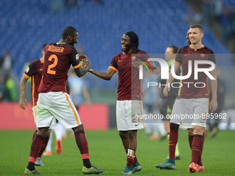 Gervinho celebrates with Antonio Rudiger after the Italian Serie A football match A.S. Roma vs S.S. Lazio at the Olympic Stadium in Rome, on...
