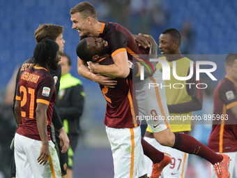 Antonio Rudiger celebrates with Edin Dzeko after the Italian Serie A football match A.S. Roma vs S.S. Lazio at the Olympic Stadium in Rome,...