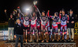 The Belle Vue ATPI Aces raise the trophy as Premiership Champions 2022 during the SGB Prem...