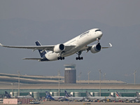 Airbus A350-941, from Lufthansa company taking off from Barcelona airport, in Barcelona on 27th October 2022. (