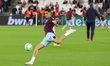 West Ham United's Nayef Aguerd during the pre-match warm-up during the UEFA Europa Confere...