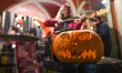 Jack-o'-lantern can be seen in front of a restaurant in the Old Town of Krakow.Although m...
