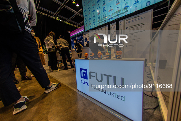 The stand of Futu, a retail stock broker in Hong Kong is seen at the Fintech Week, in Hong Kong, on November 01, 2022. 
