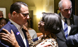 Dem. nominee for Governor Josh Shapiro is welcomed by former City-councilwoman Marian Tasc...