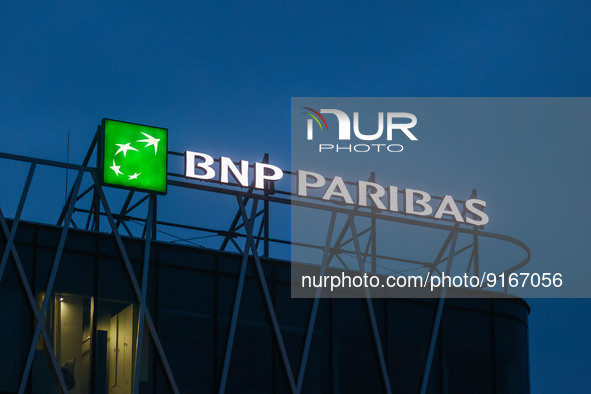BNP Paribas logo sign is seen on a buildung in Krakow, Poland on November 4, 2022. 