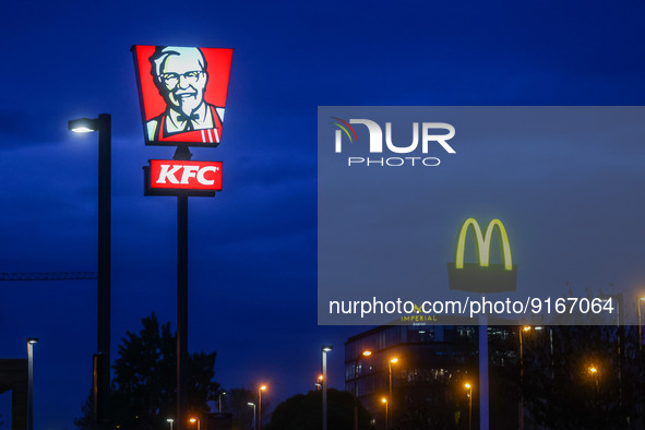 KFC and McDonald's logo signs are seen in Krakow, Poland on November 4, 2022. 