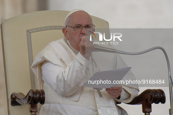 Pope Francis sepaks during the weekly general audience on November 9, 2022 at St. Peter's square in The Vatican.  