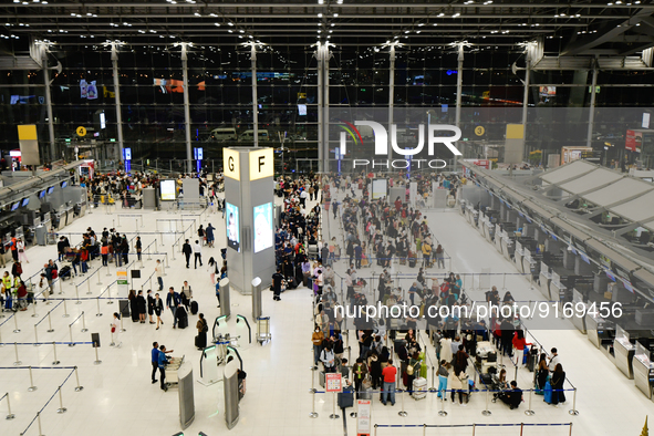 Travels seen inside the departure terminal of the Suvarnabhumi International Airport on November 9, 2022 in Sumut Prakan, Thailand. 