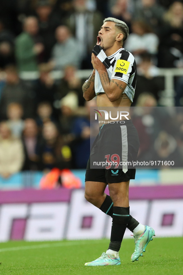 Bruno Guimaraes of Newcastle United reacts after missing a penaltyduring the shoot out to decide Carabao Cup Third Round match between Newca...