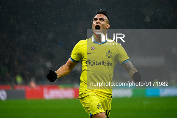 Lautaro Martinez Inter Fc celebrating after a goal during the Italian Serie A tootball match between Inter FC Internazionale and Bologna Fc...