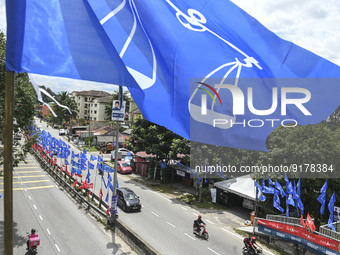 A motorcyclist rides past the party flags during the campaign period of Malaysia's general election in Kuala Lumpur on 11 November, 2022.  (