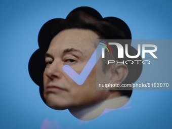 Twitter owner Elon Musk is seen with the Twitter blue authentication badge in this photo illustration in Warsaw, Poland on 21 September, 202...