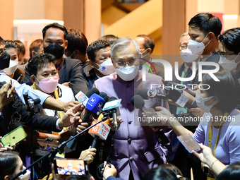 Don Pramudwinai, Deputy Prime Minister of Thailand and Minister of Foreign Affairs speaks to media while arriving at exhibition area of Asia...