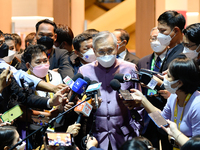 Don Pramudwinai, Deputy Prime Minister of Thailand and Minister of Foreign Affairs speaks to media while arriving at exhibition area of Asia...