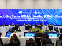 Thani Thongphakdi Chair of the APEC Senior Officials' Meeting speaks during the Concluding Senior Official’s Meeting Plenary Asia-Pacific Ec...