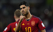 Marco Asensio Right Winger of Spain and Real Madrid celebrates after scoring his sides fir...