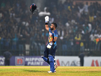 Sri Lanka’s Charith Asalanka celebrates  after win their final one-day international cricket match between Sri Lanka and Afghanistan at the...