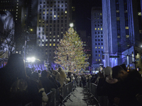 A view of the Rockefeller Center Christmas Tree, with Swarovski Star atop, during the 2022 Rockefeller Center Christmas Tree Lighting Ceremo...