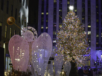 A view of the Rockefeller Center Christmas Tree, with Swarovski Star atop, during the 2022 Rockefeller Center Christmas Tree Lighting Ceremo...