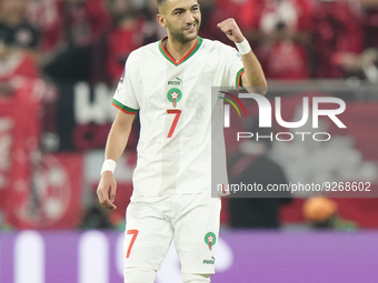 Hakim Ziyech attacking midfield of Morocco and Chelsea FC celebrates after scoring his sides first goal during the FIFA World Cup Qatar 2022...
