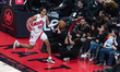 TORONTO, ON, CANADA - December 03, 2022: Dalano Banton #45 of the Toronto Raptors runs wit...