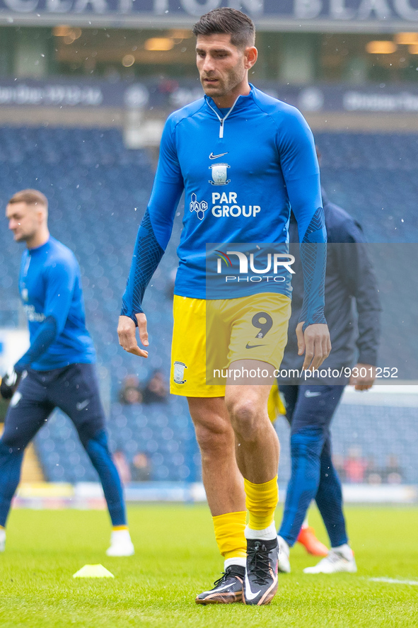 Ched Evans #9 of Preston North End warms up during the Sky Bet Championship match between Blackburn Rovers and Preston North End at Ewood Pa... by MI News/NurPhoto
