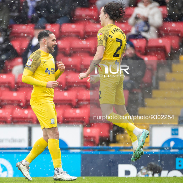 Alvaro Fernandez #2 of Preston North End celebrate Ched Evans #9 of Preston North End making it 0-2 during the Sky Bet Championship match be... by MI News/NurPhoto