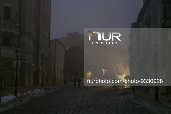 Historical part of Kyiv during heavy fog and power outage after a massive Russian missile attack on Ukrainian power infrastructure in Kyiv,...