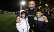 Logovi'i Mulipola of Newcastle Falcons celebrates with his children after Falcons beat Sal...