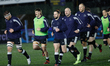 Michael Young (centre) of Newcastle Falcons leads his side out for their warm-up for the G...