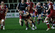 Arron Reed of Sale Sharks is tackled during the Gallagher Premiership match between Newcas...