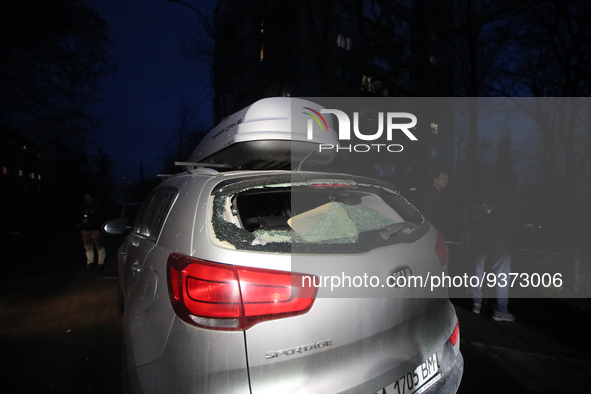 KYIV, UKRAINE - DECEMBER 31, 2022 - The rear window of a car is broken as a result of a Russian missile attack on Kyiv, capital of Ukraine....