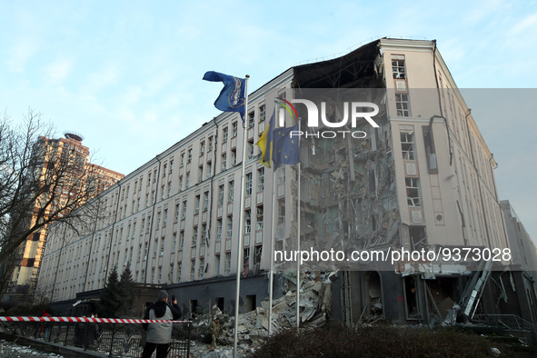 KYIV, UKRAINE - DECEMBER 31, 2022 - A hotel in the Pecherskyi district shows damage caused by a Russian missile attack on Kyiv, capital of U...