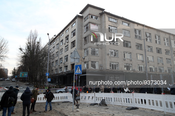 KYIV, UKRAINE - DECEMBER 31, 2022 - A building in the Pecherskyi district shows damage caused by a Russian missile attack on Kyiv, capital o...