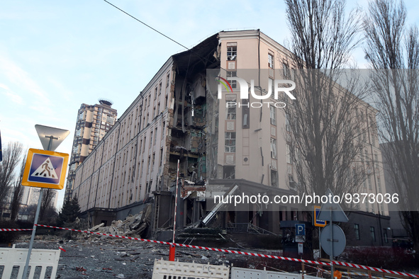 KYIV, UKRAINE - DECEMBER 31, 2022 - A hotel in the Pecherskyi district shows damage caused by a Russian missile attack on Kyiv, capital of U...