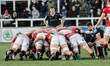 Adam Radwan of Newcastle Falcons waits for the ball to be put in to a scrum during the Gal...