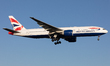 A British Airways Boeing 777 landing at London Heathrow Airport, Hounslow, United Kingdom...
