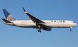 A United Airlines Boeing 767 landing at London Heathrow Airport, Hounslow, United Kingdom...