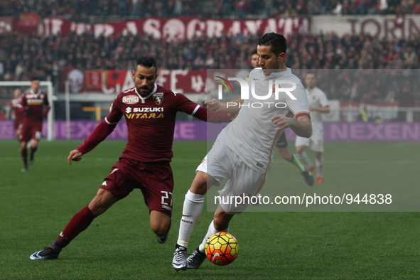 Roma defender Kostas Manolas (44) vies with Torino forward Fabio Quagliarella (27) during the Serie A football match n.15 TORINO - ROMA on 0...