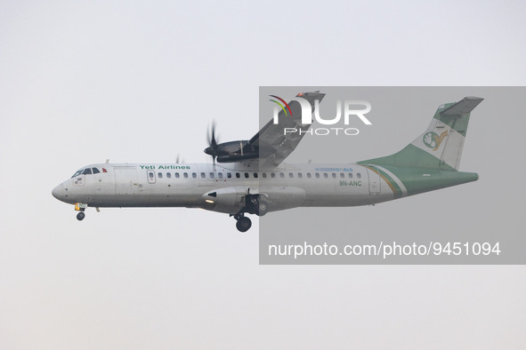 Yeti Airlines ATR 72 aircraft as seen on final approach flying for landing at the runway of Kathmandu Tribhuvan International Airport in Nep...