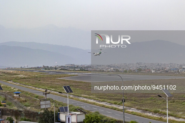 Yeti Airlines ATR 72 aircraft as seen on final approach flying for landing at the runway of Kathmandu Tribhuvan International Airport in Nep...