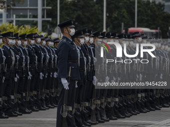 Police officers standing guard during the Ceremonial Opening of Legal Year 2023 outside City Hall on January 16, 2023 in Hong Kong, China. H...