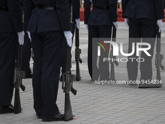 Police officers standing guard with M16 Rifles during the Ceremonial Opening of Legal Year 2023 outside City Hall on January 16, 2023 in Hon...