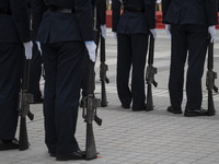 Police officers standing guard with M16 Rifles during the Ceremonial Opening of Legal Year 2023 outside City Hall on January 16, 2023 in Hon...