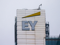 EY logo is seen on a building in Warsaw, Poland on January 19, 2023. (