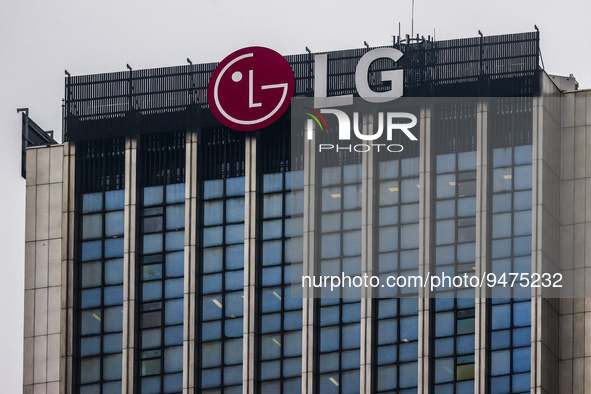 LG logo is seen on a building in Warsaw, Poland on January 19, 2023. 