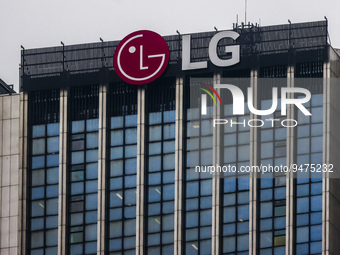 LG logo is seen on a building in Warsaw, Poland on January 19, 2023. (