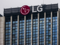 LG logo is seen on a building in Warsaw, Poland on January 19, 2023. (