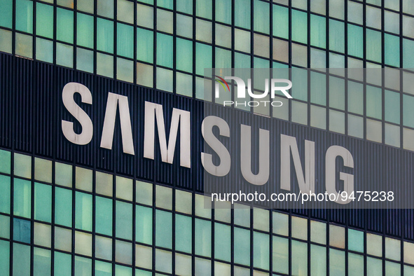 Samsung logo is seen on a building in Warsaw, Poland on January 19, 2023. 